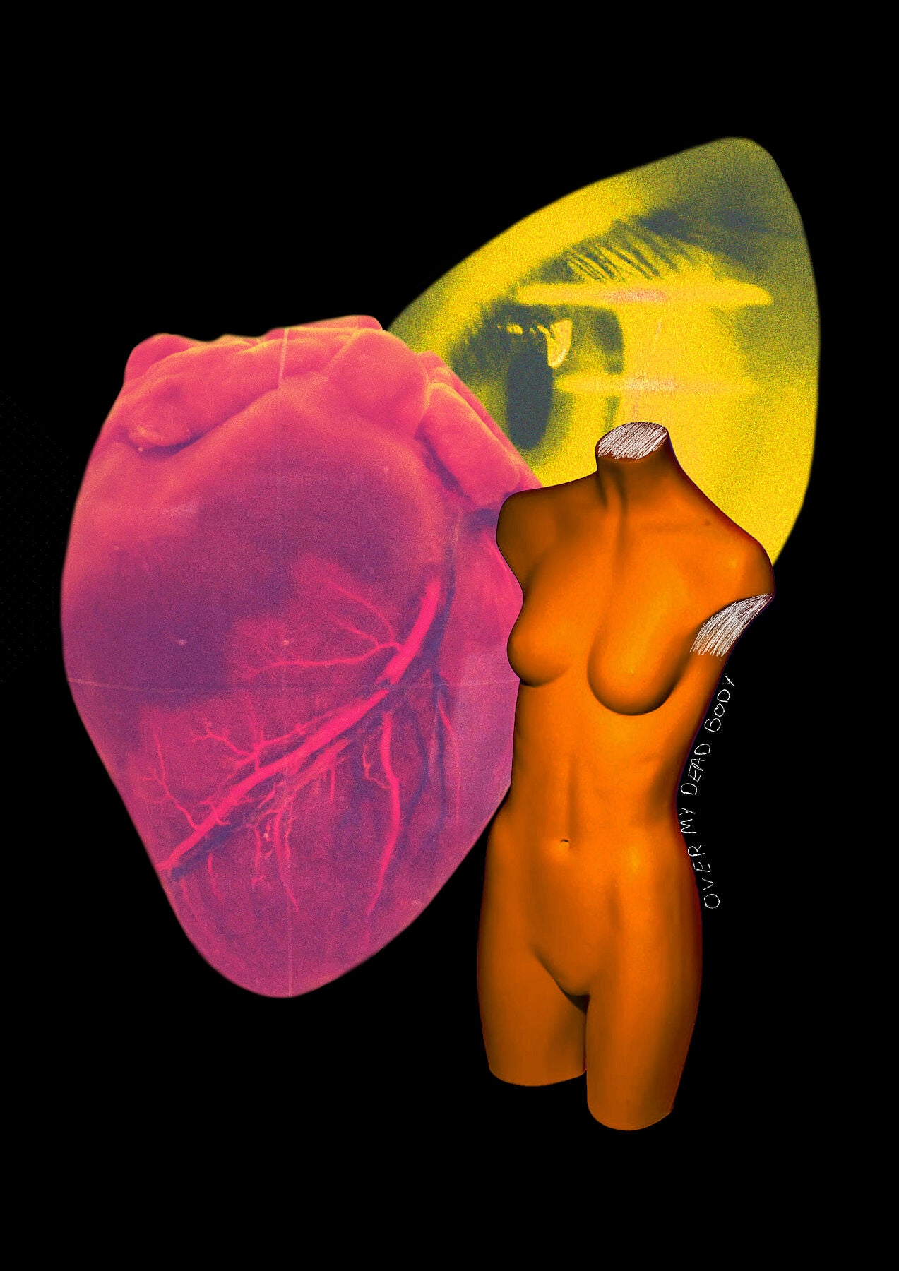 A surreal artwork titled 'Over My Dead Body!' by Elizabeth Corrall. It features a headless orange mannequin torso, a vibrant red anatomical heart, and a yellow eye against a black background. This A3-sized giclée print is part of a limited edition series of 50, printed on Ilford cotton textured paper.