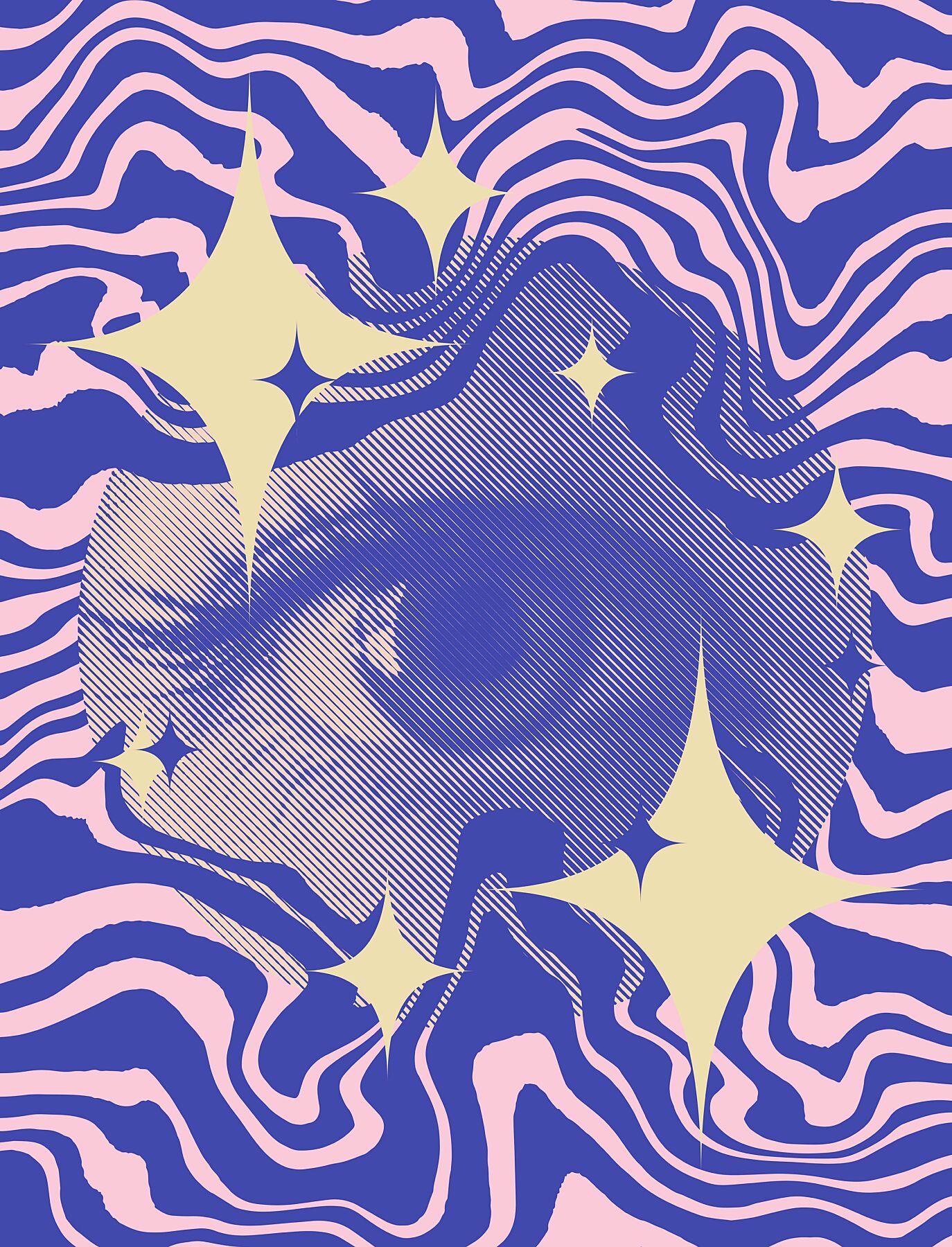  giclée print titled 'Eye' from Genuine Studio, featuring a detailed eye surrounded by vibrant blue and pink waves and ethereal stars. Part of the BLOC collection, printed on Ilford cotton textured paper, A2 size.