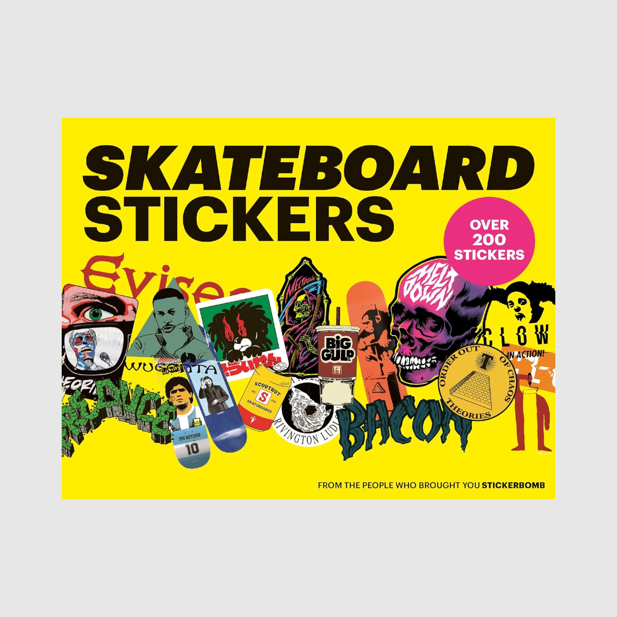 Bright yellow cover of the Skateboard Stickers book featuring a mix of iconic sticker designs from top skateboarding brands like Evisen, Magenta, and Preduce