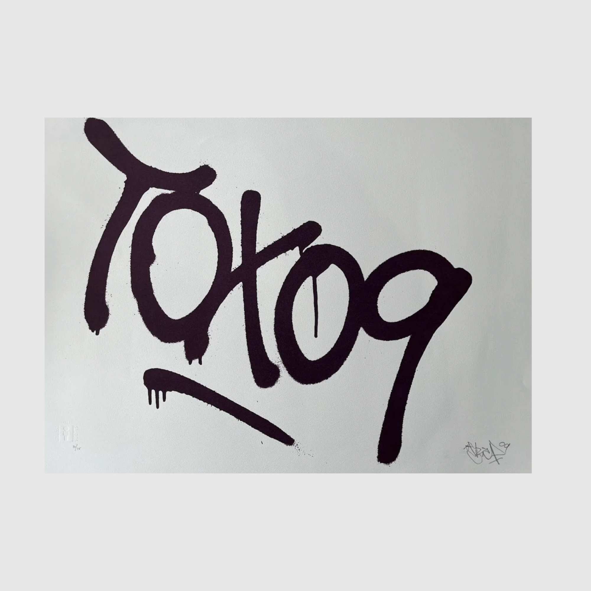 Image of the Tox 09 Screenprint, featuring the iconic graffiti tag by London graffiti artist Tox. The artwork displays bold, dripping lettering in a signature style, released as a signed and stamped limited edition of 75 by Souled Out Studios in 2009. Dimensions: 76cm x 56cm.