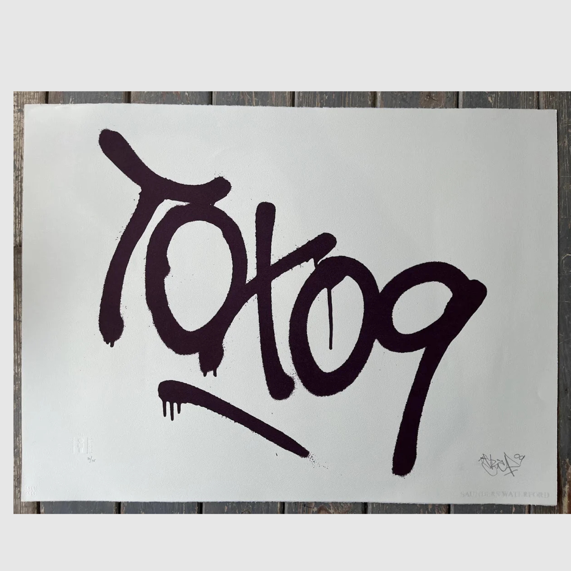 Image of the Tox 09 Screenprint, featuring the iconic graffiti tag by London graffiti artist Tox. The artwork displays bold, dripping lettering in a signature style, released as a signed and stamped limited edition of 75 by Souled Out Studios in 2009. Dimensions: 76cm x 56cm.