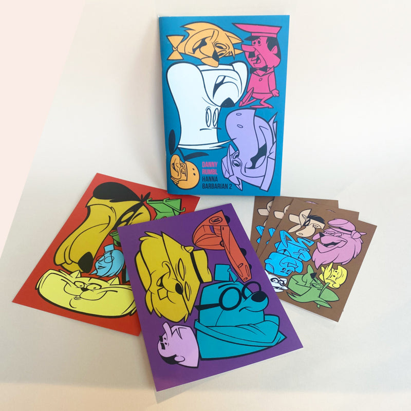 Cover and contents of the book/zine 'Hanna Barbarian II' by Danny Rumbl. The cover features stylized, colorful cartoon characters inspired by Hanna-Barbera cartoons, including a yellow fish, a pink man in a uniform, a white ghost-like figure, a purple hippo, and a yellow character with a helmet, set against a blue background. Surrounding the book are several vibrant prints with similar cartoon characters on red, purple, brown, and tan backgrounds.