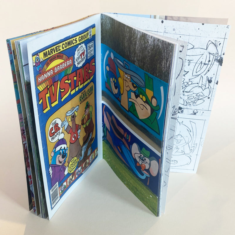 Open pages of the book/zine 'Hanna Barbarian II' by Danny Rumbl. One page features a comic book cover design with the title 'Hanna-Barbera TV Stars' by Marvel Comics Group, depicting cartoon characters such as The G.B. Beagles. Other pages showcase colorful illustrations of cartoon characters inspired by Hanna-Barbera, including a mural with a bear and a dog. The background includes black-and-white sketches.