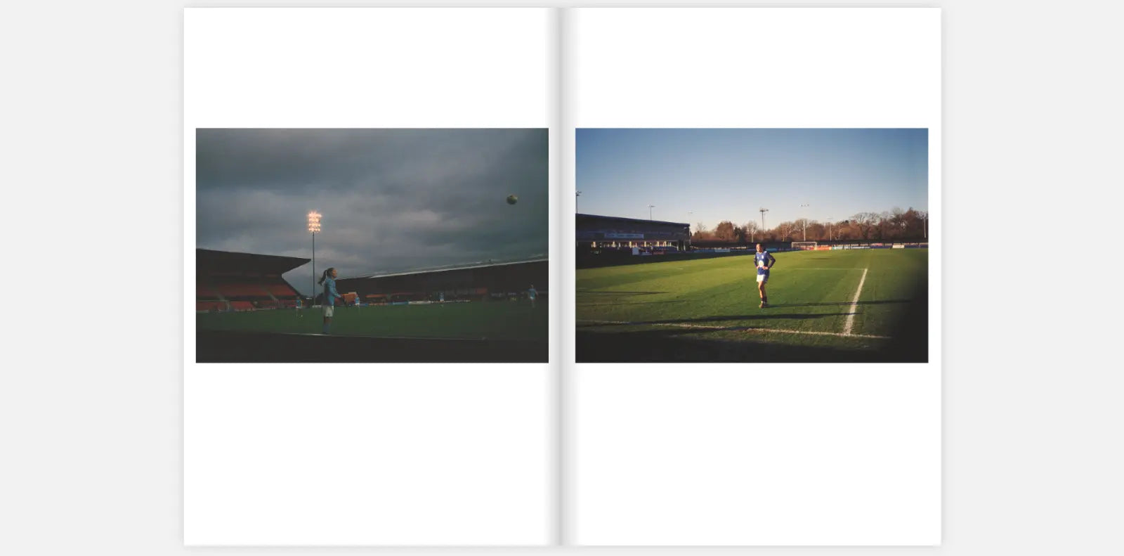 Two-page spread from the zine "The Women's Game" by Claire Wray. The left page shows a football player in a blue jersey preparing to throw in the ball during an evening match, with stadium lights illuminating the field and dark clouds overhead. The right page features a football player in a blue and white jersey standing on the field during a daytime match, with the sun casting long shadows and a clear sky in the background.