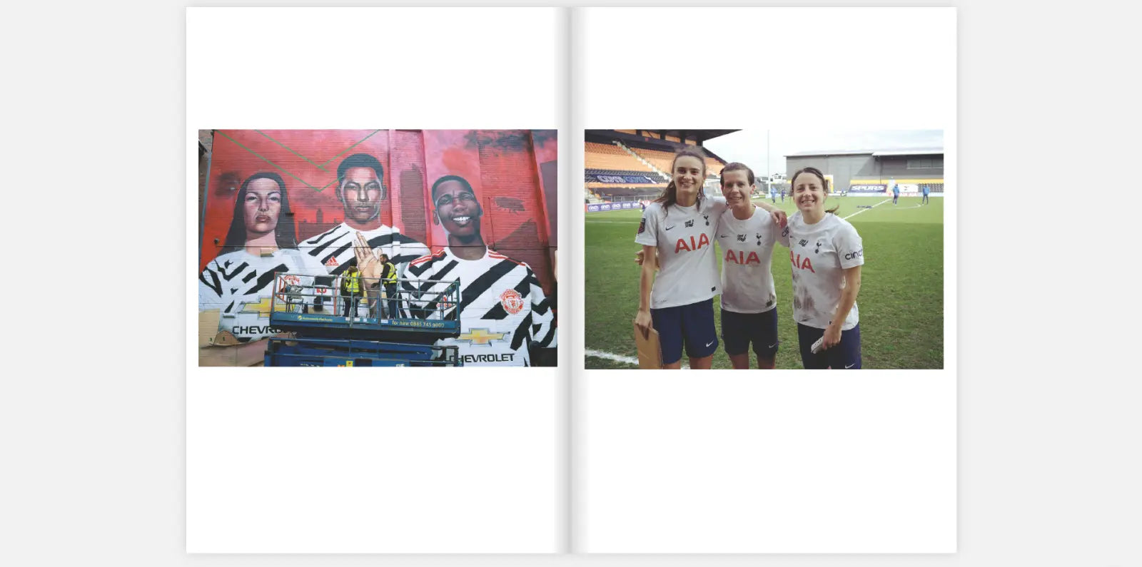 Two-page spread from the zine "The Women's Game" by Claire Wray. The left page shows a mural of three football players in black and white jerseys being painted by two artists on a scissor lift. The right page features three female football players in white "AIA" jerseys, smiling and posing on a football field after a match, with the stadium in the background.
